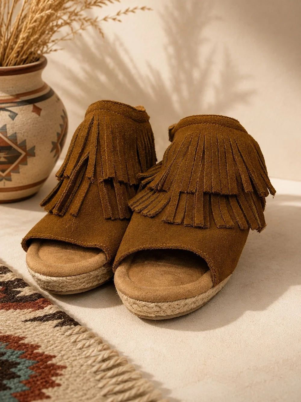 Minnetonka Brown Suede Fringe Espadrille Wedge Slingback Sandals Women's Sz 9